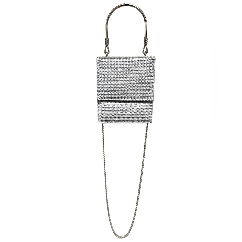 Badgley Mischka Silver Metallic Rhinestone Hard Shell Flap Evening Bag $159